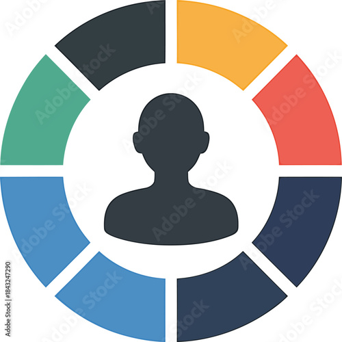 Person surrounded by pie chart sections as concept of data analysis