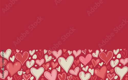 Vibrant red background filled with a playful scattering of hand drawn hearts in lovely hues