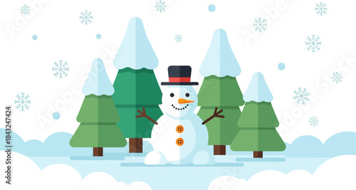 Snowman's Winter Wonderland: A cheerful snowman stands amidst snow-covered evergreen trees, snowflakes gently falling, creating a serene winter scene.