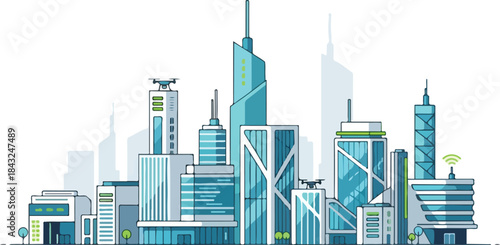City Skyline Illustration: An architectural illustration of a futuristic urban skyline, where sleek skyscrapers soar towards the sky, showcasing an innovation and progress.