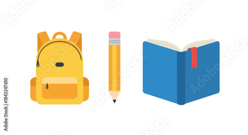 Yellow backpack pencil and open blue book for education.