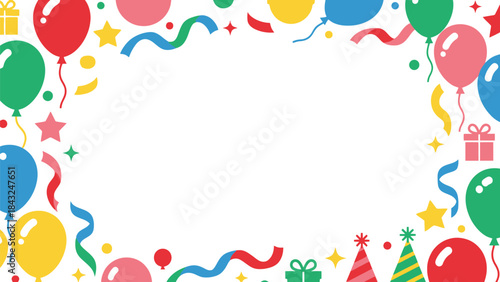 Festive Frame for Celebration: A vibrant and joyful frame bursting with colorful balloons, confetti, and party hats, ideal for framing any festive event or special occasion.