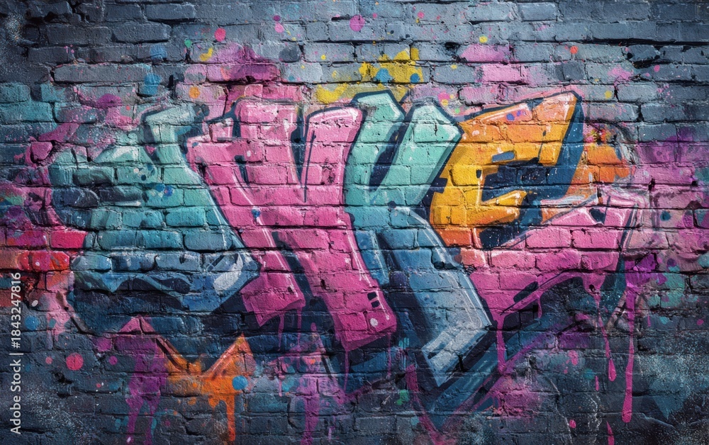 Fototapeta premium Colorful graffiti art on weathered brick wall urban street background