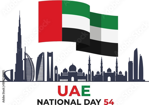 UAE National Day Celebration: A vibrant portrayal of the UAE flag and the iconic city skyline comes together to commemorate the National Day, filled with national pride.