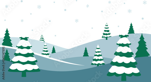 Winter Wonderland: An illustrated winter landscape with snow-covered hills and evergreen trees, depicting a serene and snowy scene.