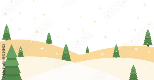Winter Wonderland Scene: A serene winter landscape, adorned with gently rolling hills and evergreen trees, as soft snowflakes fall, creating a tranquil scene. 
