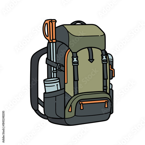 Hiking Backpack with Trekking Poles and Water Bottle Illustration.