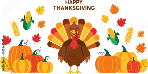 Thanksgiving Feast of Harvest: Vibrant Thanksgiving design featuring a smiling turkey, pumpkins, and autumn leaves, evoking the joy and bounty of the holiday.