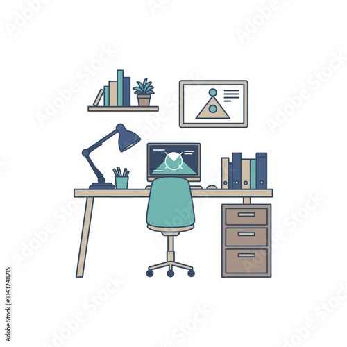 Home Office Setup with Desk, Chair, Computer, and Bookshelf Illustration.