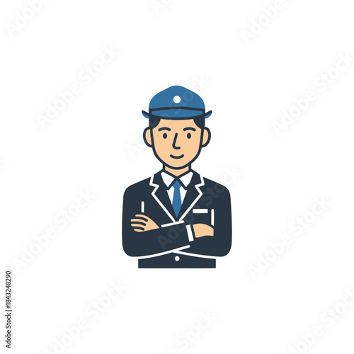 Illustration of a Bellhop with Arms Crossed Wearing a Blue Uniform.