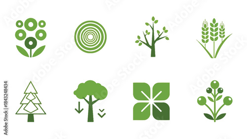 Collection of eight stylized green nature and ecology icons representing plants, trees, and environmental concepts
