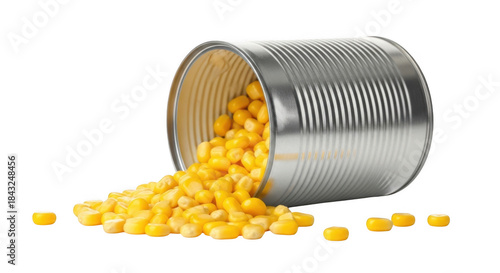 Tinned corn kernels spilling out of an overturned metal can isolated on transparent background