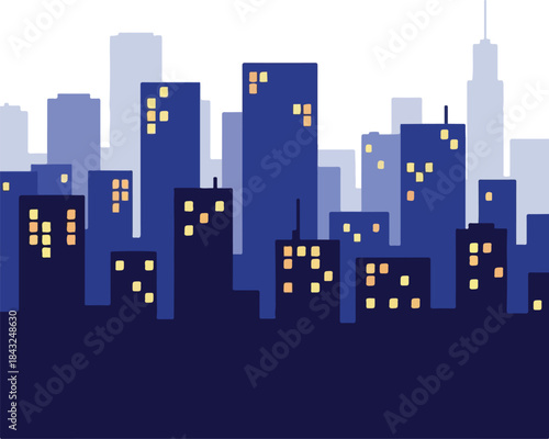 Cityscape Silhouette: A stylized cityscape in shades of blue with illuminated windows, embodying the essence of urban life and the pulse of a city.