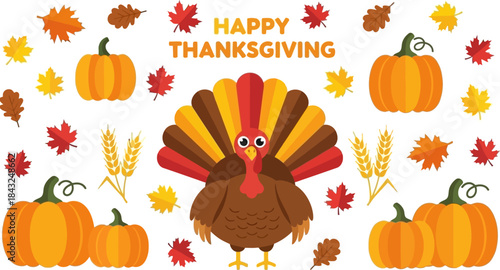 Thanksgiving Delight: A vibrant illustration depicts the warmth and abundance of Thanksgiving, featuring a plump turkey surrounded by pumpkins and autumn leaves.