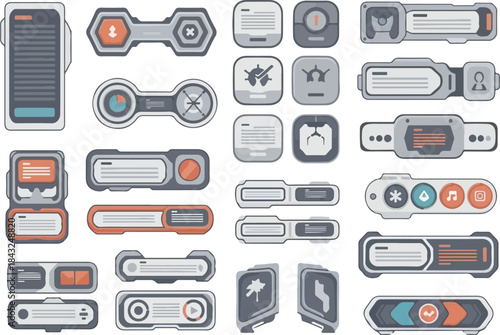 Futuristic Tech Interface: A collection of various interface design, perfect for tech or gaming, with cool tones and detailed illustrations, designed for ease of use and aesthetics appeal.