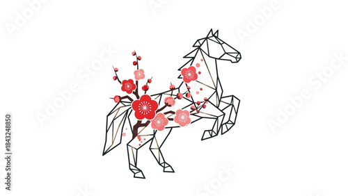 Geometric horse with cherry blossoms abstract polygon animal art symbol of spring and new beginnings