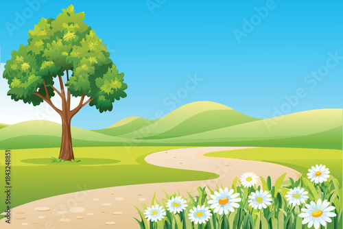 A vibrant green landscape featuring a large tree winding path and rolling