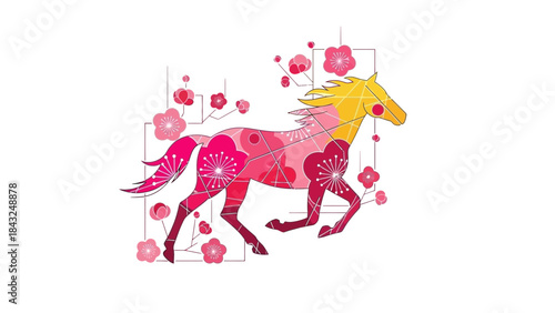 Stylized horse with floral patterns vibrant pink and yellow representing good fortune and spring iso