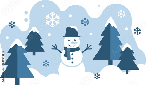 Winter Wonderland Illustration: A cheerful snowman, adorned with a hat and scarf, stands proudly amidst a serene winter landscape. Snowflakes gently cascade from the sky.