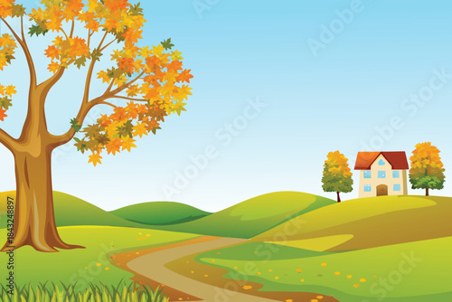 a peaceful autumn landscape featuring a house trees and a winding path high quality