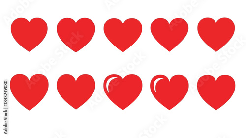 Ten red heart icons arranged in two rows featuring flat and glossy style variations
