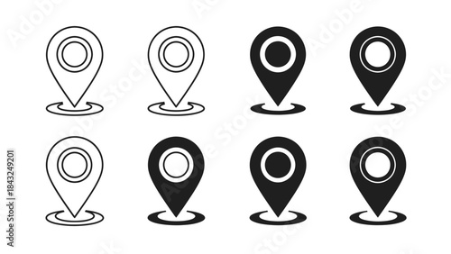 Set of eight map pin icons showing location markers in outline and solid black styles