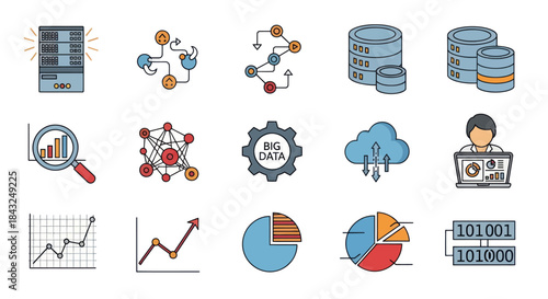 Hand-drawn doodle icon set for Big Data analytics and cloud computing concepts.