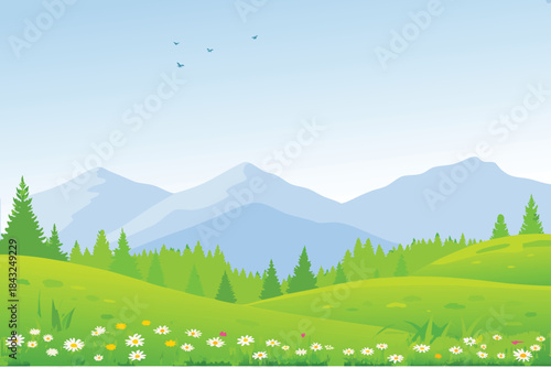 a peaceful landscape featuring rolling green hills distant mountains and a clear