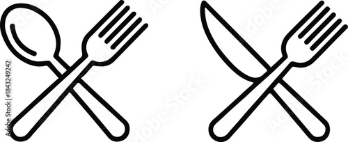 cutlery simple black and white crossed fork spoon knife icon set
