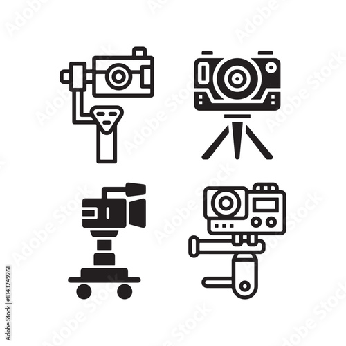 Collection of four hand drawn icons representing photography and videography equipment