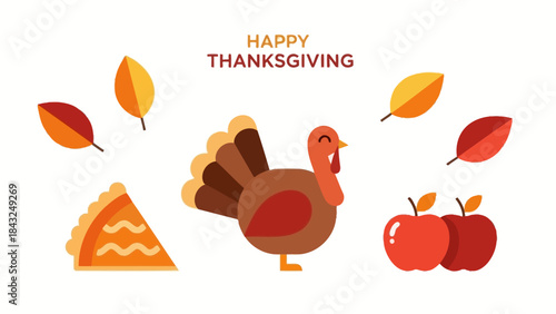 Thanksgiving Delights: A cheerful illustration captures the essence of Thanksgiving, showcasing a playful turkey, falling leaves, ripe apples, and a slice of delicious pie.