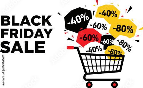 Black Friday Sale Deals: A graphic illustration of a shopping cart overflowing with sale tags, showcasing various discounts, against a simple backdrop, alluding to the excitement of a shopping event.