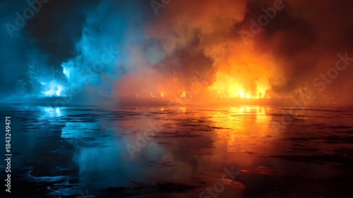 Dramatic Abstract Smoke and Light Reflection on Wet Surface.