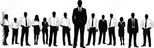 Professional Business Team Silhouettes, Corporate Leader Standing Out, Diverse Group of Successful Executives, Isolated Vector Illustration of Teamwork, Unity and Management