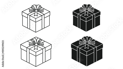 Isometric gift box icon set featuring outline and solid black styles