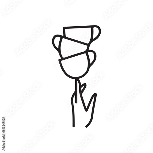 Hand balancing a precarious stack of three simple white cups on a white background
