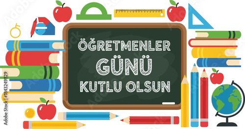 Teacher's Day Celebration: A vibrant collection of educational elements artfully arranged to honor educators, including books, apples, pencils, and a globe, conveying gratitude and appreciation.