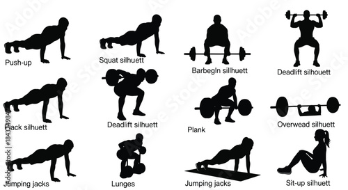 Collection of fitness exercises silhouettes, including push-ups, squats, lunges, and deadlifts for workout illustrations