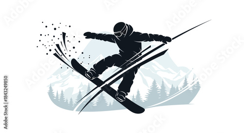 Snowboarder mid-air jump performing a trick with snowy mountains and pine trees in the background