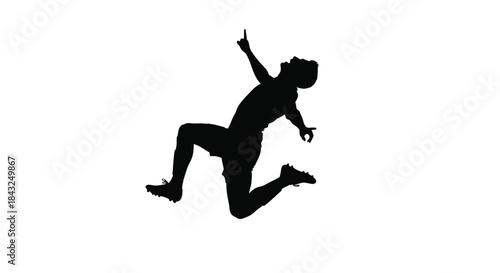 Dynamic silhouette of a person in mid-air jump, arm raised in triumph or celebration, isolated on a clean white background, conveying energy and success.