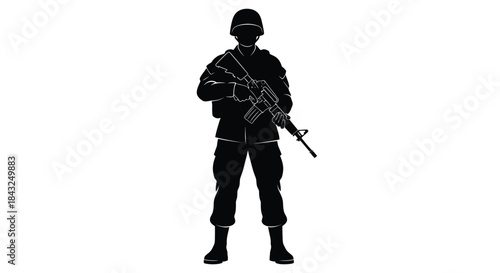 Soldier Silhouette with Rifle Standing, Military Personnel Vector Illustration on White Background