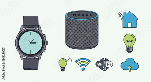 Smart Home Technology Devices and Icons for IoT Connectivity.