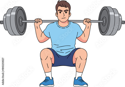 Strong Determined Man Performs Barbell Back Squat Exercise in Gym, Building Powerful Leg and Glute Muscles, Focusing on Fitness, Health, and Bodybuilding Workout
