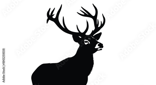Majestic Stag Deer Silhouette with Large Antlers. Elegant Black and White Wildlife Animal Profile Vector Illustration.