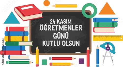 Teachers' Day Celebration: A vibrant educational themed visual that evokes the spirit of learning, knowledge and gratitude with books, stationery elements and chalkboard