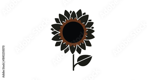 Single Line Art Sunflower with Leaf - Stylized Floral Icon
