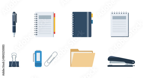 Essential Office Supplies and Stationery Icons Set.