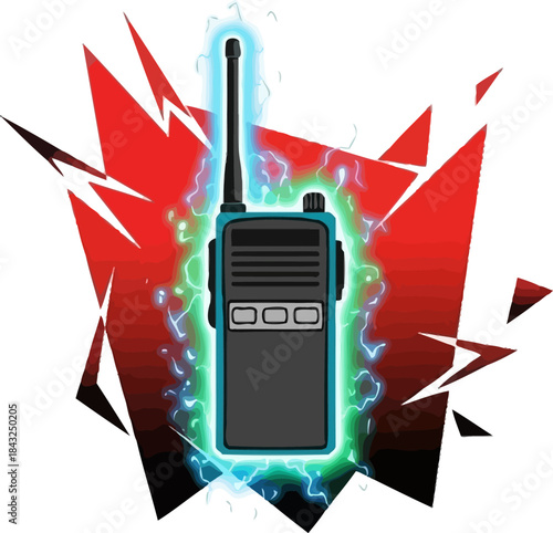 Modern Wireless Communication: A striking portrayal of a sleek, two-way radio against a backdrop of dynamic energy, symbolizing the powerful and instant connectivity in the modern era.