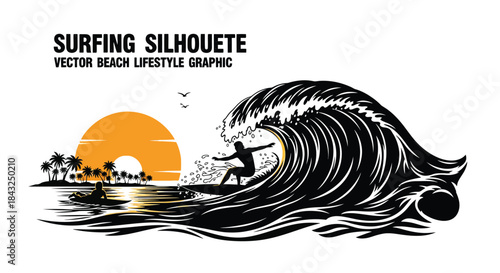 Dynamic Surfer Riding a Powerful Ocean Wave at Sunset with Tropical Island Silhouette Vector Graphic