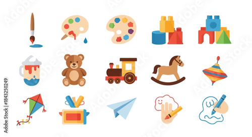 Colorful Childrens Toys and Art Supplies Collection for Creative Play.